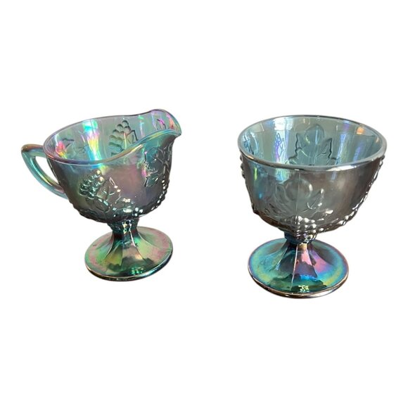 Vintage Harvest Blue Iridescent Carnival Glass Open Sugar Bowl & Creamer Grapes - Picture 7 of 11